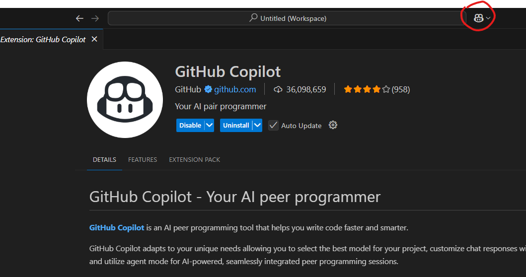 VS Code Extensions panel showing GitHub Copilot install